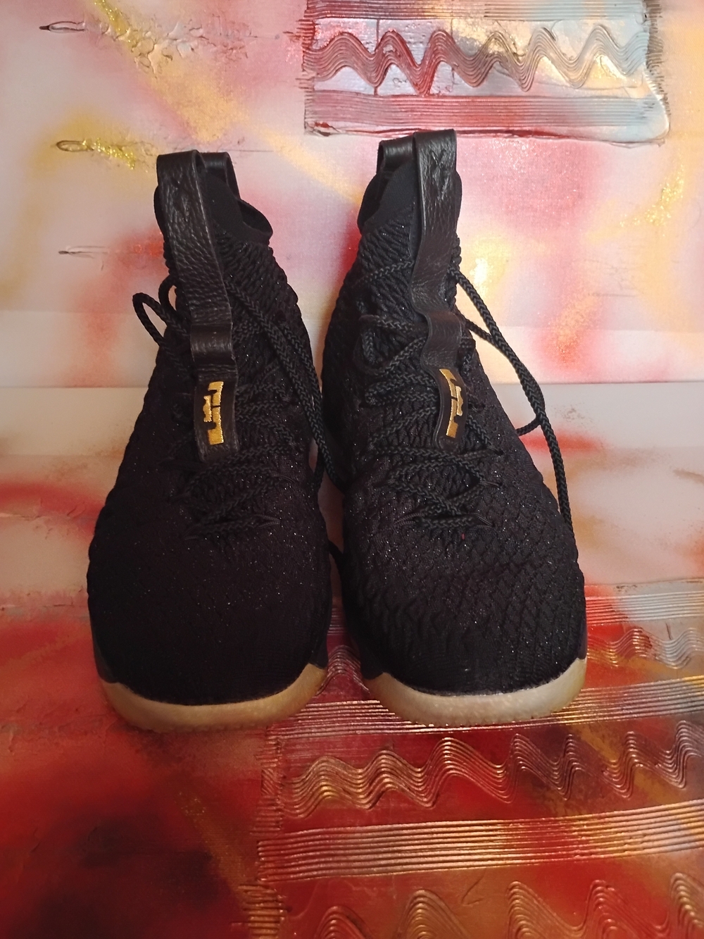 Nike Lebron James XV. Black and Gold Knit Athletic Shoes with Gum Outsole